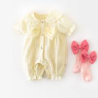 Baby jumpsuit for girls with bowknot, fresh and simple summer outing, short-sleeved climbing clothes, newborn princess style  Beige