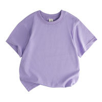 Camiseta infantil solta com gola redonda, algodão puro, cor sólida, absorvente de suor, manga curta  Roxa