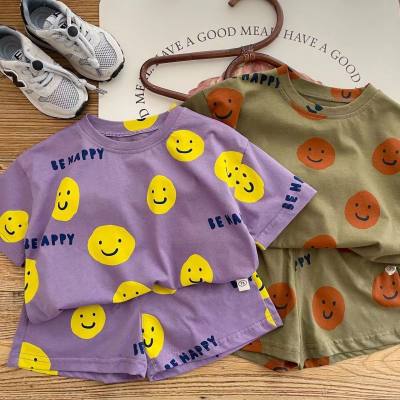 Girls summer suit new children's full print cartoon smiley face short sleeve small and medium children boys thin two-piece suit