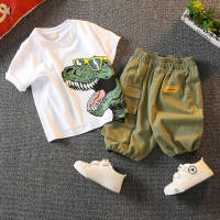 Boys suit dinosaur print T-shirt shorts two-piece summer breathable children's suit  White