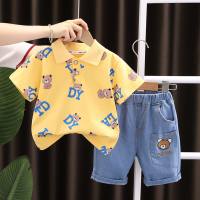 Boys summer POLO shirt set 2024 new children's clothing summer lapel short-sleeved two-piece set with full printing, handsome and trendy  Yellow