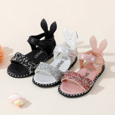 Toddler Girl Solid Color Sequin Decor Bunny Style Open Toed Velcro Sandals