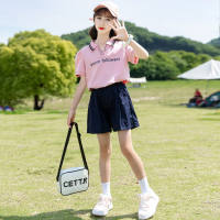 Summer girls fashion suits summer clothes for middle and large children short-sleeved Polo collar tops and shorts student sportswear two-piece suit  Pink
