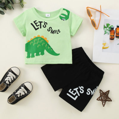 Camiseta de manga curta com estampa de dinossauro e letras de puro algodão para bebês de 2 peças e short combinando