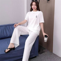 Women's two-piece suit with letter embroidery, thin ice silk home wear suit  White