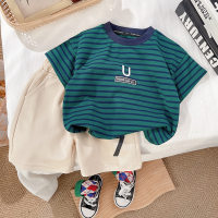 Boys casual T-shirt new children's summer clothes boys handsome half-sleeved clothes boys baby striped short-sleeved shorts  Blue