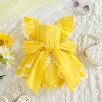 Baby Girl Solid Color Bow-knot Ruffle Lace Decor Sleeveless Triangle Romper