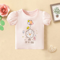 Summer Girls' Cute Puff Sleeve sheep Print Eid Adha T-Shirt  Pink