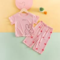 Summer new baby girl facial mask set, thin air-conditioned clothes, children's short-sleeved home clothes, western style two-piece suit  Pink