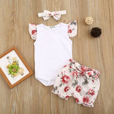 Pure cotton white flying sleeves sleeveless romper with printed belt shorts with head knot three pieces