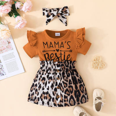 Vestido de manga corta para bebé, conjunto de dos piezas con falda de retales con estampado de leopardo, pañuelo para la cabeza