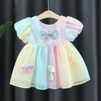 Roupas infantis meninas vestido de verão novo arco manga bufante vestido de princesa infantil  Multicolorido