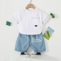2-piece Toddler Boy Solid Color Pocket Front T-shirt & Letter Printed Denim Pants  White