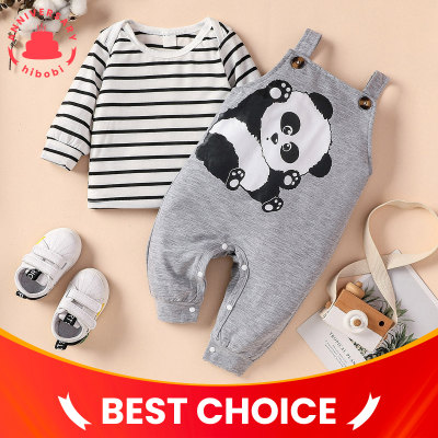Baby Stripes T-shirt & Panda Printed Overalls