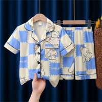 Pijamas transpirables de algodón puro para niños, pantalones cortos de manga corta con solapa, cárdigan, traje de ropa para el hogar de dibujos animados  Multicolor