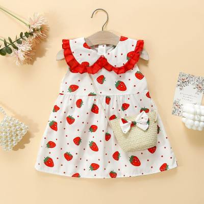 Summer Girls Dress New Style Baby Girls Large Lapel Strawberry Print Sleeveless Dress with Basket Bag