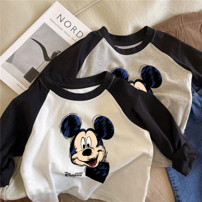Camiseta infantil de algodão puro de manga comprida roupas para meninos e meninas 2024 desenho animado fofo Mickey infantil tops camisa de fundo primavera e outono