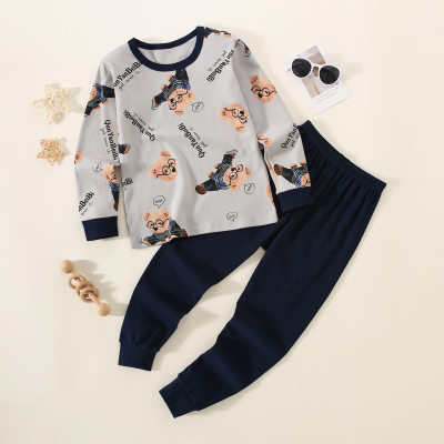 2-piece Kid Boy Pure Cotton Allover Bear Pattern Long Sleeve Top & Solid Color Pants Pajama Set