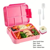 Children's Divided Storage Lunch Box，4pcs set, including 2pcs of tableware and 1 sauce box  Hot Pink