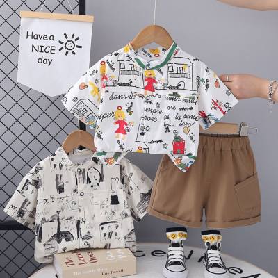 Boys short-sleeved suits summer new style casual graffiti letter house shirt shorts two-piece suit trendy