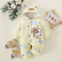 Baby Girl Allover Sheep Pattern Hooded Button-up Fleece-lined Long-sleeved Long-leg Romper  Yellow