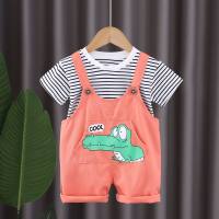 New style boys and girls round neck striped casual short-sleeved denim crocodile overalls summer baby outdoor suit  Red