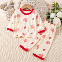 Camiseta de manga larga con estampado de fresas de algodón puro para niña pequeña de 2 piezas y pantalones a juego  rojo