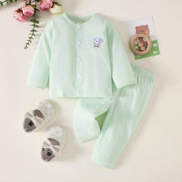 Top de manga larga con patrón de perro de color sólido de algodón puro para bebé de 2 piezas y pantalones a juego  Verde claro