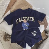 Korean new children's cartoon cute letters short-sleeved T-shirt shorts set male and female baby two-piece set thin summer  Navy Blue