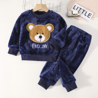 2-piece Toddler Boy Cartoon Bear Pattern Long Sleeve Plush Top & Matching Pants  Navy Blue