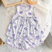 Children's clothing girls' going out suit ice silk cute doll collar vest shorts home clothes  Light Purple