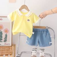 Summer new style girls lapel Polo shirt short-sleeved suit baby girl casual denim shorts two-piece trendy set  Yellow