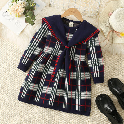 Kid Girl Plaid Cape Patchwork Long Sleeve Knitted Dress