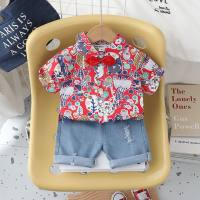 2024 summer new style boy bow tie flower shirt short-sleeved suit baby boy casual denim shorts two-piece suit trendy  Red