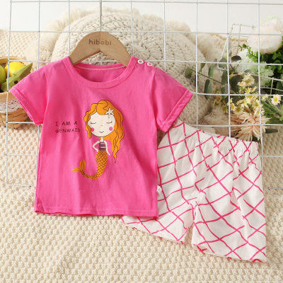 2-piece Toddler Girl Pure Cotton Letter and Cartoon Figure Printed Short Sleeve T-shirt & Matching Shorts
