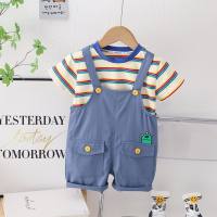 Boys striped short-sleeved overalls suit children's summer new style baby girl cartoon children's clothing boy clothes  Blue