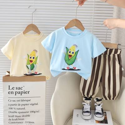 Summer outerwear for infants and young children, fashionable corn print round neck short sleeve thin suit, trendy boy summer suit