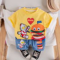 Summer new style boy's handsome round neck short-sleeved suit baby boy casual pants two-piece set  Yellow