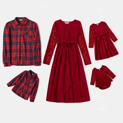 Family Matching Christmas Plaid Pocket Front Button-up Shirt & Solid Color Lace Patchwork Bowknot Tied Long Sleeve Dress & Solid Color Skirted Long Sleeve Romper