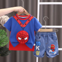 Children's summer clothes, boys' Spider-Man zipper bag, short-sleeved suit, handsome baby casual two-piece set wholesale  Blue