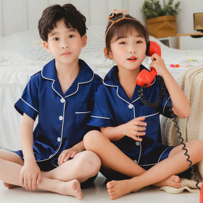 Pijamas infantis de manga curta imitação de seda roupas de casa das crianças terno roupas com ar condicionado verão cardigan fino
