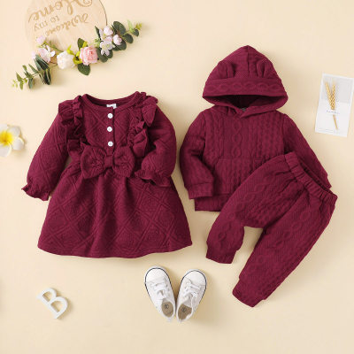 Brother and Sister Solid Color Ruffled Bowknot Decor Long Sleeve Dress & Hoodie & Pants