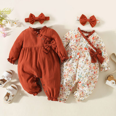 Baby Solid Color Floral Bowknot Decor Long Sleeve long-leg romper With Headband