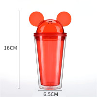 Wholesale order double-layer plastic water cup, creative and cute student cup, outdoor portable double-layer transparent straw cup  Red