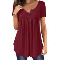 Women's smocked buttoned loose short-sleeved T-shirt top  Burgundy