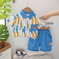 Children's summer short-sleeved suits new style children's summer clothes stylish boys cartoon shirt two-piece suit baby children's clothing trend  Blue