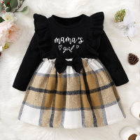 Baby Girl Letter Printed Plaid Patchwork Bowknot Decor Long Fly Sleeve Dress  Black