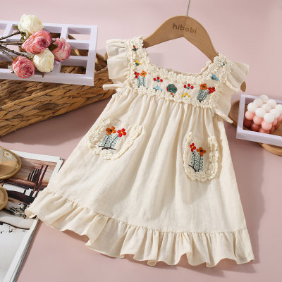 Toddler Girl Solid Color Floral Embroidered Square Neck Sleeveless Dress