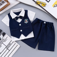 Boys' lapel cartoon college style two-piece summer thin short-sleeved suit  Navy Blue