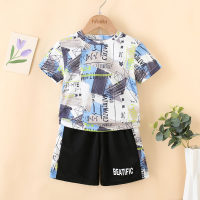 2-piece Toddler Boy Color-block Letter Printed Short Sleeve T-shirt & Matching Shorts  Gray